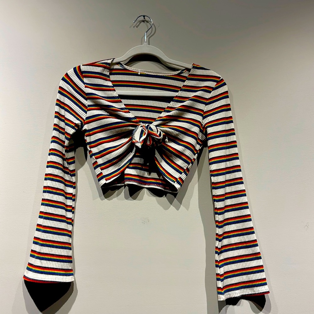 Vintage Rainbow Long Sleeve Flare Crop Top